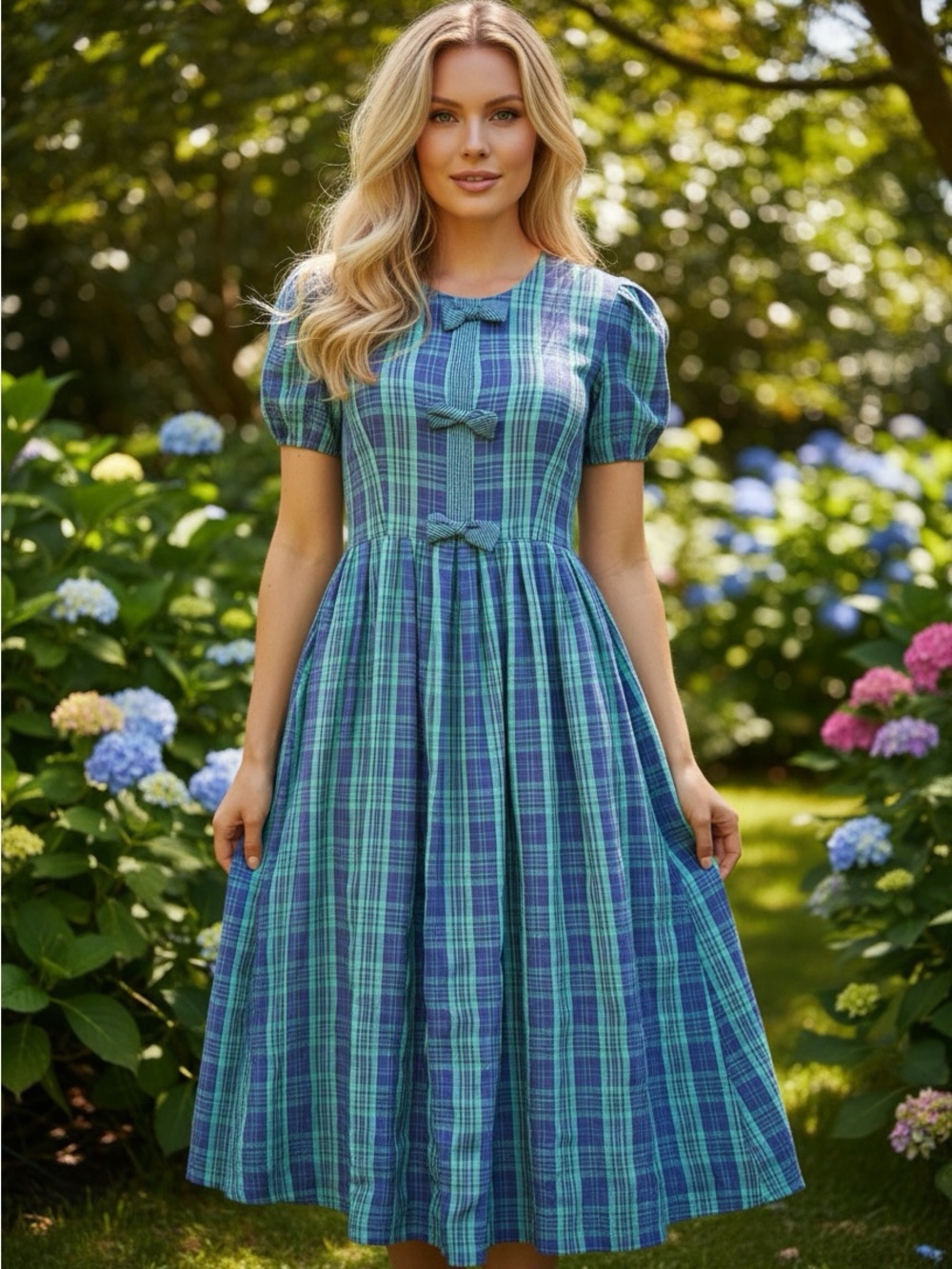 Vintage Miss Dorby Green Navy Plaid Dress Size 12